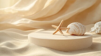 Aufkleber - Empty beige round platform podium for cosmetics or products presentation sea shell and starfish on natural beige beach sand background Top view : Generative AI