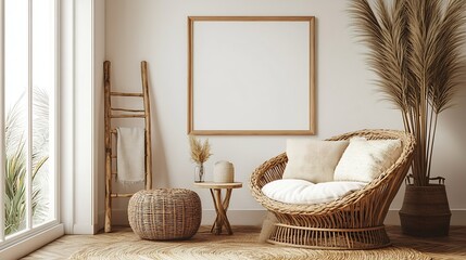 Boho and cozy interior of living room with design rattan armchair pillows mock up poster frame side tables lamp bamboo ladder decoration and personal accessories Stylish home decor Tem : Generative AI