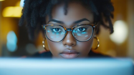 Aufkleber - Office computer and black woman with glasses serious or reading email online research or report Laptop concentration and African journalist proofreading article for digital news websit : Generative AI