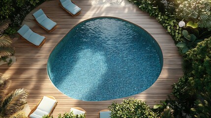 Poster - Aerial view of a swimming pool with wavy and curved shapes Around the pool there is wooden flooring and the garden with sunbeds Vacation house concept : Generative AI