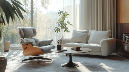 Poster - Interior of light living room with grey sofa coffee table and armchair : Generative AI