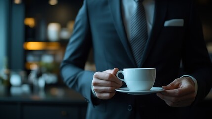 Poster - A manager in dark suit takes morning coffee to start his business hours in an office A man has a cup of coffee in his hand when start his working day A male office worker gets refreshm : Generative AI
