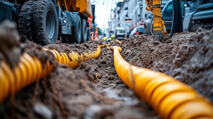 Various electrical cables dug out from the ground on the street laying underground  for technical work at the construction site : Generative AI