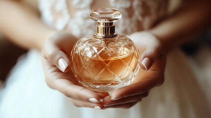 Wall Mural - The bride holds perfume Cropped photo focus on perfume Beautiful hands and manicure : Generative AI