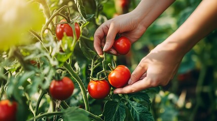 Sticker - Hands picking ripe tomatoes from a green vine in a garden. Place for text. Harvest season 