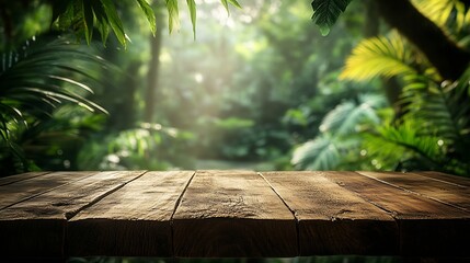 Aufkleber - Empty wood table top with blur background of tropical jungle in summer green The table giving copy space for placing advertising product on the table along with beautiful forest banner : Generative AI