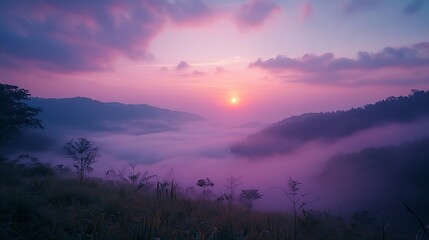 Fototapete - Romantic landscape sunset foggy mountain in evening twilight Beautiful landscape foggy hills twilight time Beautiful Purple sky sunrise dramatic landscape mountain Dawn sky dusk time c : Generative AI