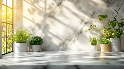 Poster - Selective focusElegance product display background with marble top with kitchen wall window garden in morningminimal counter design : Generative AI