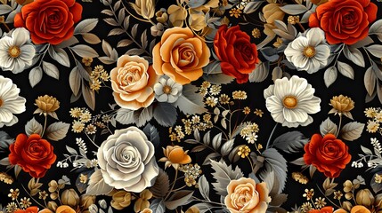 Wall Mural - A Seamless Pattern of Red, Orange, and White Roses and Other Flowers on a Black Background