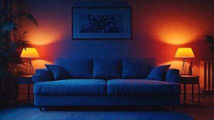 Wall Mural - Interior of dark living room with blue sofa and glowing lamps : Generative AI