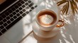 © Generative AI - Home office workspace with laptop computer coffee cup glasses in sunlight shadows Flatlay top view aesthetic luxury bohemian minimal lady boss business lifestyle concept : Generative AI