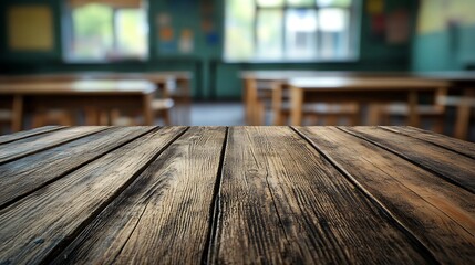 Wall Mural - Empty wood table top with blur background of classroom in school The table giving copy space for placing advertising product on the table along with beautiful classroom in school backg : Generative AI