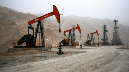 Oil Rigs in Desert Landscape with Mountains