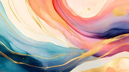 Wall Mural - Abstract Watercolor Painting with Golden Veins and Glitter