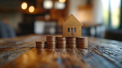 Poster - Wood house and row of coin money on wood table and  selective focus Planning to buy property Choose whats the best A symbol for construction ecology loan concepts : Generative AI