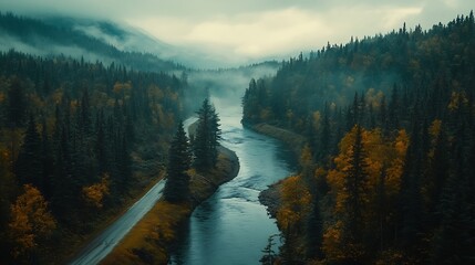 Wall Mural - High angle aerial view of river and road running through forest and mountainous landscape : Generative AI