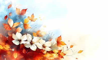 Wall Mural - Watercolor painting of white flowers and autumn leaves against a white background.