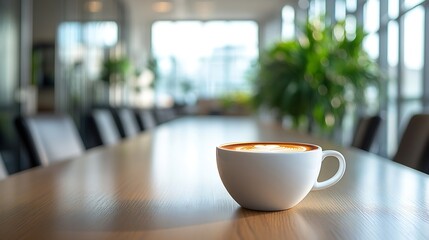 Poster - A cup of flavored coffee in a white cup at the reception in the office : Generative AI