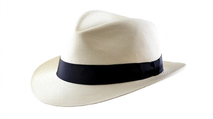 Classic White Panama Hat with Black Ribbon on white background