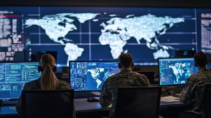 Military Personnel Monitoring Global Data on Monitors in Command Center