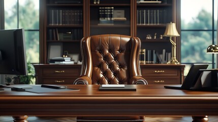 Poster - Directors office with large wooden table leather armchair and PC Interior design : Generative AI