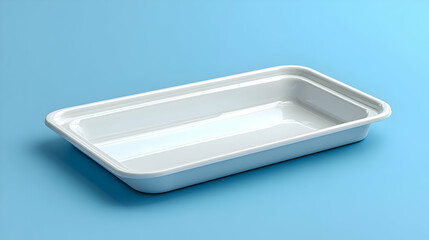 White plastic food container on a blue background.