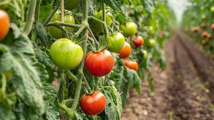 Wall Mural - A lush tomato garden with vibrant red and green tomatoes growing on vines