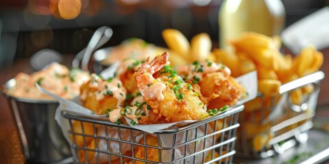 Canvas Print - Shrimp and potato fries presented in metal baskets accompanied by tartar sauce.