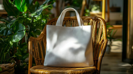 Wall Mural - White tote bag mockup on a wicker chair with green plants in the background.