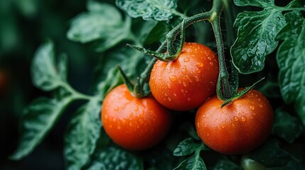 Wall Mural - Close-up of three ripe red tomatoes on the vine with green leaves, highlighting their freshness and vibrant color.