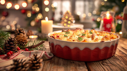 A holiday casserole in a ceramic dish placed on a rustic wooden table, surrounded by festive decorations like pine cones and candles