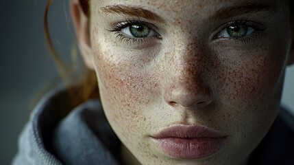 Wall Mural - Close Up Portrait of Young Woman with Freckles and Green Eyes