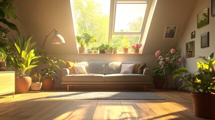 Wall Mural - An interior design property featuring a living room with a couch, plants in flowerpots, and skylights for natural lighting. The wood floor complements the furniture and fixtures