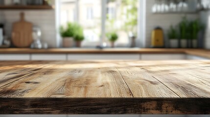Poster - kitchen table background wood counter top on blur of white clean abstract home interior with bokeh  used for display or montage your wooden for dining background tabl banner podium : Generative AI