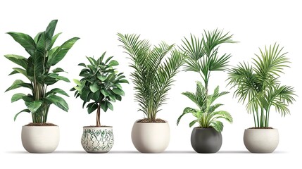 Wall Mural - Green tropical home plants in pots on white background 