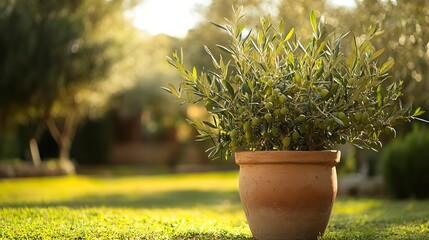 Wall Mural - A sturdy terracotta colored pot containing a flowering olive tree with lush green leaves. Outdoor garden.