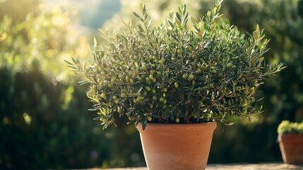 Poster - A sturdy terracotta colored pot containing a flowering olive tree with lush green leaves. Outdoor garden. 