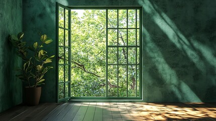 Poster - A room with a green wall and a window with trees outside