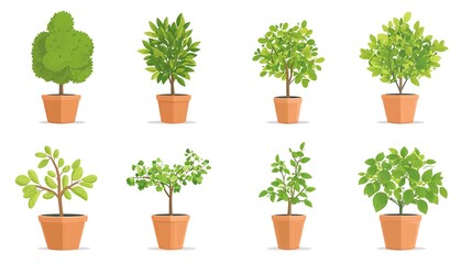 Sticker - reforestation set of young trees trunks in pots, afforestation set of green plants in flowerpots, gardening and botany concept