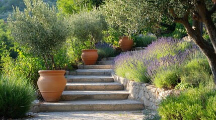 Poster - Mediterranean Terraced Garden with terracotta pots, olive trees, lavender, rosemary, other Mediterranean plants