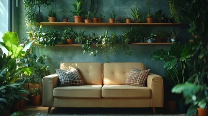 Wall Mural - Stylish composition of home garden interior filled a lot of plants succulents air plant in different design pots Green wall Beige sofa with plaid Template Home gardening concept Home j : Generative AI