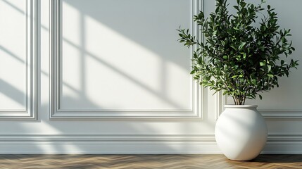 Poster - White classic wall background brown parquet floor home furniture detail frame and vase of plant : Generative AI