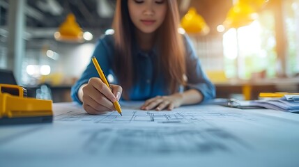 Poster - Diverse engineer team working at the office table with construction plans and architect equipment and planning construction project Focus on an asian vietnamese woman team leader holdi : Generative AI