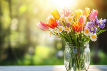 Sticker - A beautiful arrangement features colorful tulips, irises, and daisies in a glass jar, glowing in the warm sunlight. Generative AI