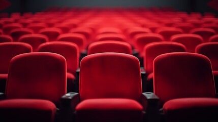 Aufkleber - Red empty chairs seats at cinema theater Low key photo : Generative AI