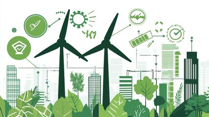 Wall Mural - Green City Skyline with Wind Turbines and Environmental Icons