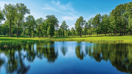 Poster - Very beautiful idyllic natural panorama of city spring summer park with pond that reflects surrounding trees and blue sky on bright sunny day : Generative AI
