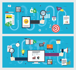 Wall Mural - flat icon set design in internet banner template with concept of business strategy, finance gain, bu