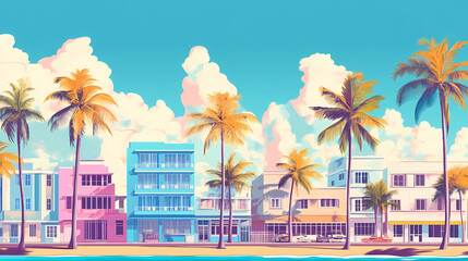 Wall Mural - Vibrant pastel-colored art deco buildings line ocean drive, palm trees sway in the ocean breeze, against a bright blue sky with puffy white clouds. Art Deco. Illustration