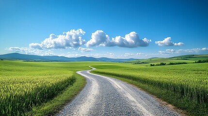 Poster - Country gravel road and green wheat fields with sky clouds natural landscape under blue sky : Generative AI